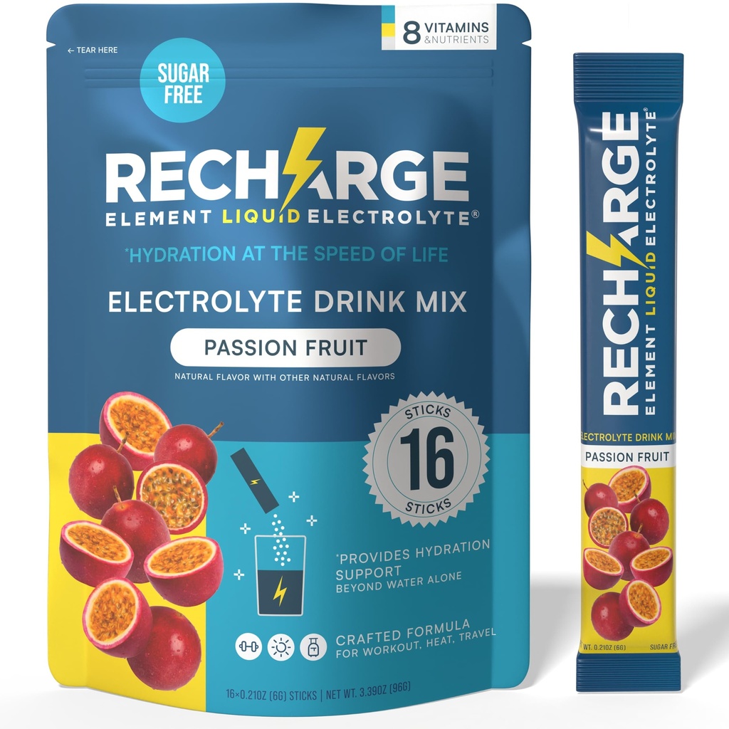 Recharge Element Liquid Electrolyte®Hydration Boost Formula Passion Fruit Electrolyte Powder Packets | Sugar Free, Keto Friendly Drink Mix for Rapid Rehydration, Sports Recovery & Travel (16 Servings)
