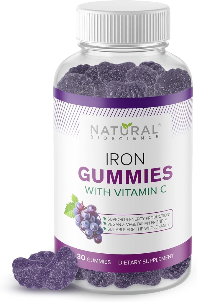Jern Gummier med C-vitamin til voksne & børn - Chewable jern supplement til jernmangel anæmi, Red Blood Cell Support, Energy, immunfunktion, hjerne sundhed, Max Absorption, Grape Flavor, Vegan