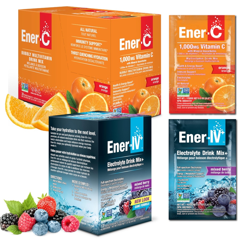 Ener-C & Ener-IV Drink Mix Pack- Vitamin Packets for Water, Electrolytes Powder Packet, Hydration Liquid Mix, Immune Booster for Adults, Healthy Energy, Low Sugar Rehydration for Women & Men- 42 Count