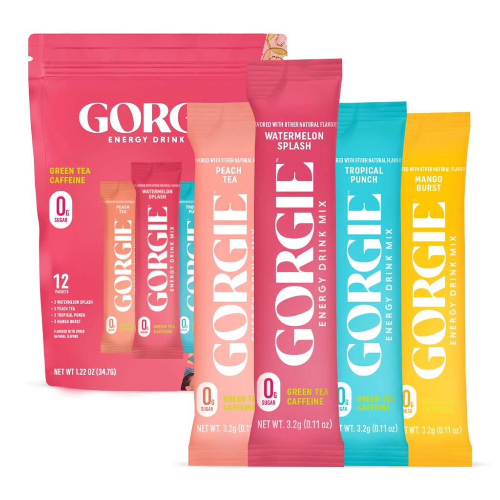 GORGIE Energy Drink Mix, Sugar-Free, 150mg Green Tea Caffeine Powder Packets, L-Theanine, Loaded Tea, Biotin, B Vitamins (B6, B12) - Vegan, Low Calorie, Variety Pack, 12 Sticks.