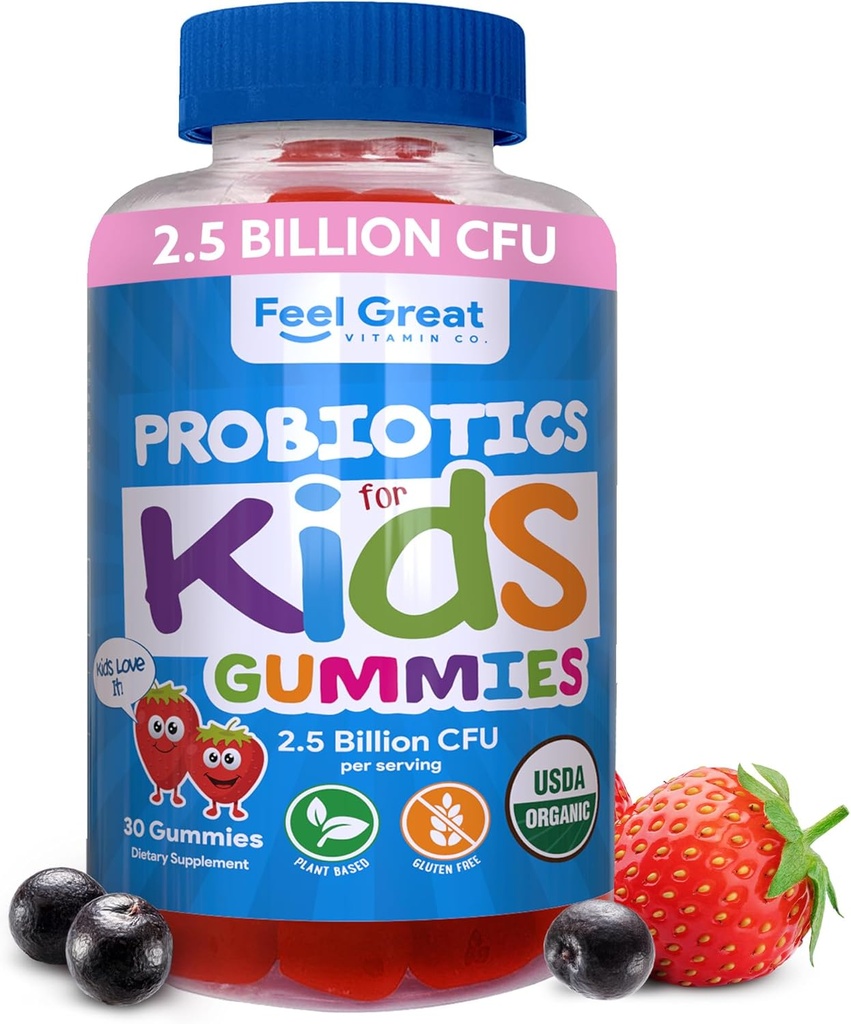 Føl store USDA Organic Kids Probiotika Gummies Name 124; Chewable Strawberry Probiotika til fordøjelsesmæssig sundhed & immunforsvar