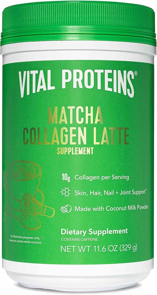 Vital Proteins Matcha Lattes, Matcha Green Tea Collagen Latte Powder, L- Theanin & Koffein & MCT - Støtte sundt hår, hud, negle - Original