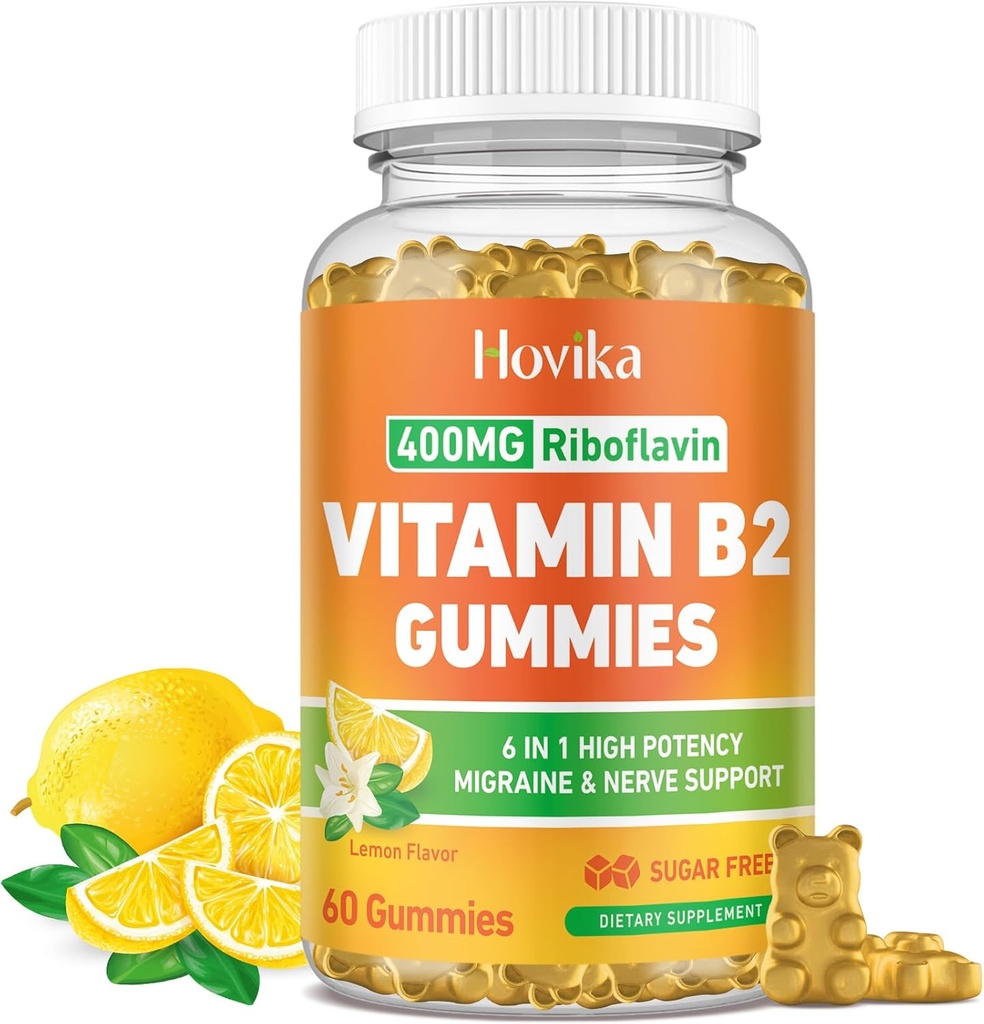 Vitamin B2 Gummies Riboflavin 400mg Supplement til mænd og kvinder - Pure Magnesium, Ashwagandha, CoQ10, Omega 3, Vitamin B12 - Migræne Relief & Energy, Nervesystemet support - Sukker fri, 60 Greve