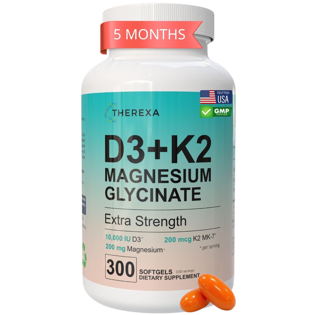 Vitamin D3 K2 Magnesium Supplement - Extra Strength with 10000 IU Vitamin D3, Magnesium Glycinate and 200 mcg K2 MK-7 Vitamin Supplements Complex, for Women & Men - 300 Softgels