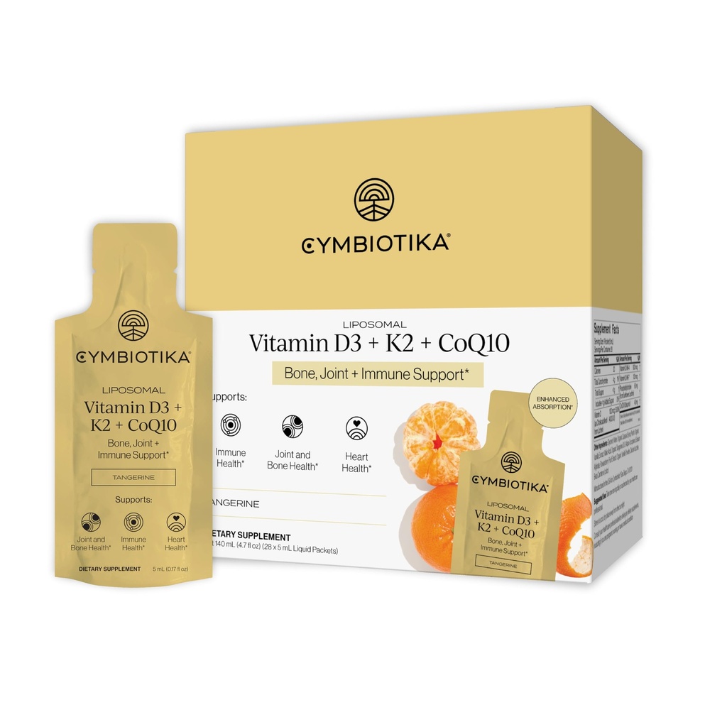 CYMBIOTIKA Liposomal Vitamin D3 + K2 + CoQ10 Liquid Supplement, Enhanced Absorption, Joint + Bone Health, Immune Support, Heart Health, Gluten Free, Soy Free, Plant-Based, 28 5 mL Packets