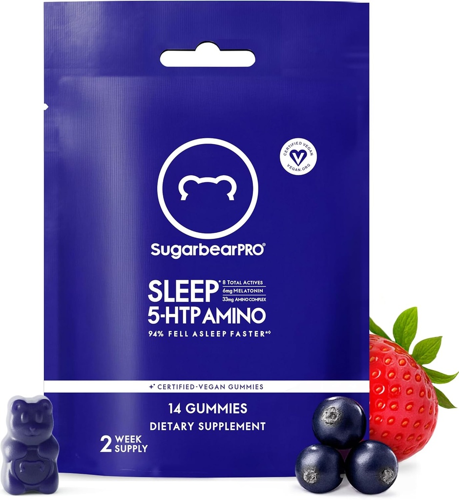 SugarBearPro Sleep Gummy 14 Day Supply, Extra Strength Melatonin 6mg, for Mænd & Kvinder, Vegansk Vitamin B6, L- Theanine, 5 HTP, Valerian, Sovehjælp til voksne & Teens, Certificeret Kosher