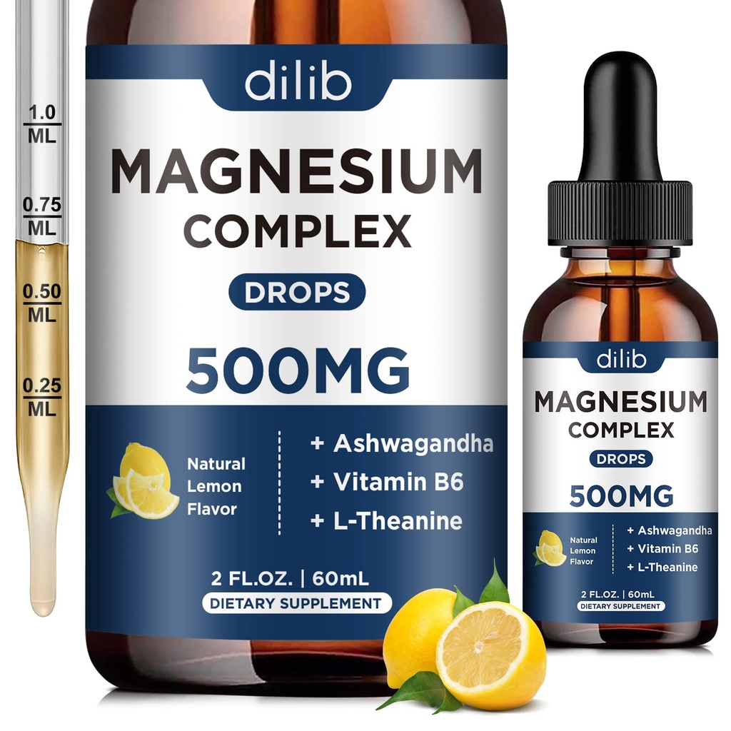 Magnesium Glycinate Liquid Drops, Triple Magnesium Complex tillæg med citrat, Malate 500mg Ashwagandha, L- Theanin, B6 vitamin til søvn, rolig, stress Relief, ben, muskel, mood - Lemon Flavor