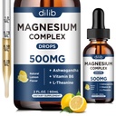 Magnesium Glycinate Liquid Drops, Triple Magnesium Complex tillæg med citrat, Malate 500mg Ashwagandha, L- Theanin, B6 vitamin til søvn, rolig, stress Relief, ben, muskel, mood - Lemon Flavor