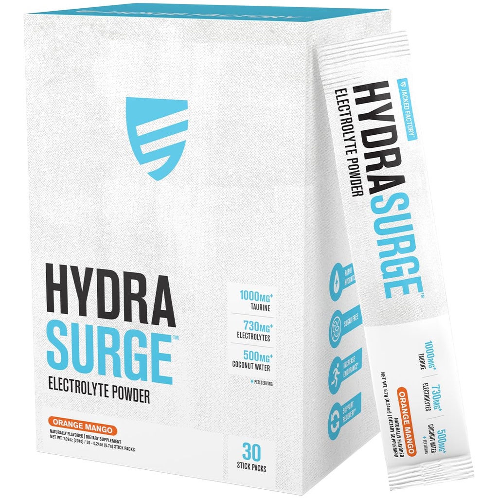 Jacked Factory Hydrasurge Electrolytes Powder Packets - Sugar Free & Naturally Sweetened Hydration Packets - Keto & Vegan Friendly, Easily Dissolves - 30 Stick Packs, Orange Mango