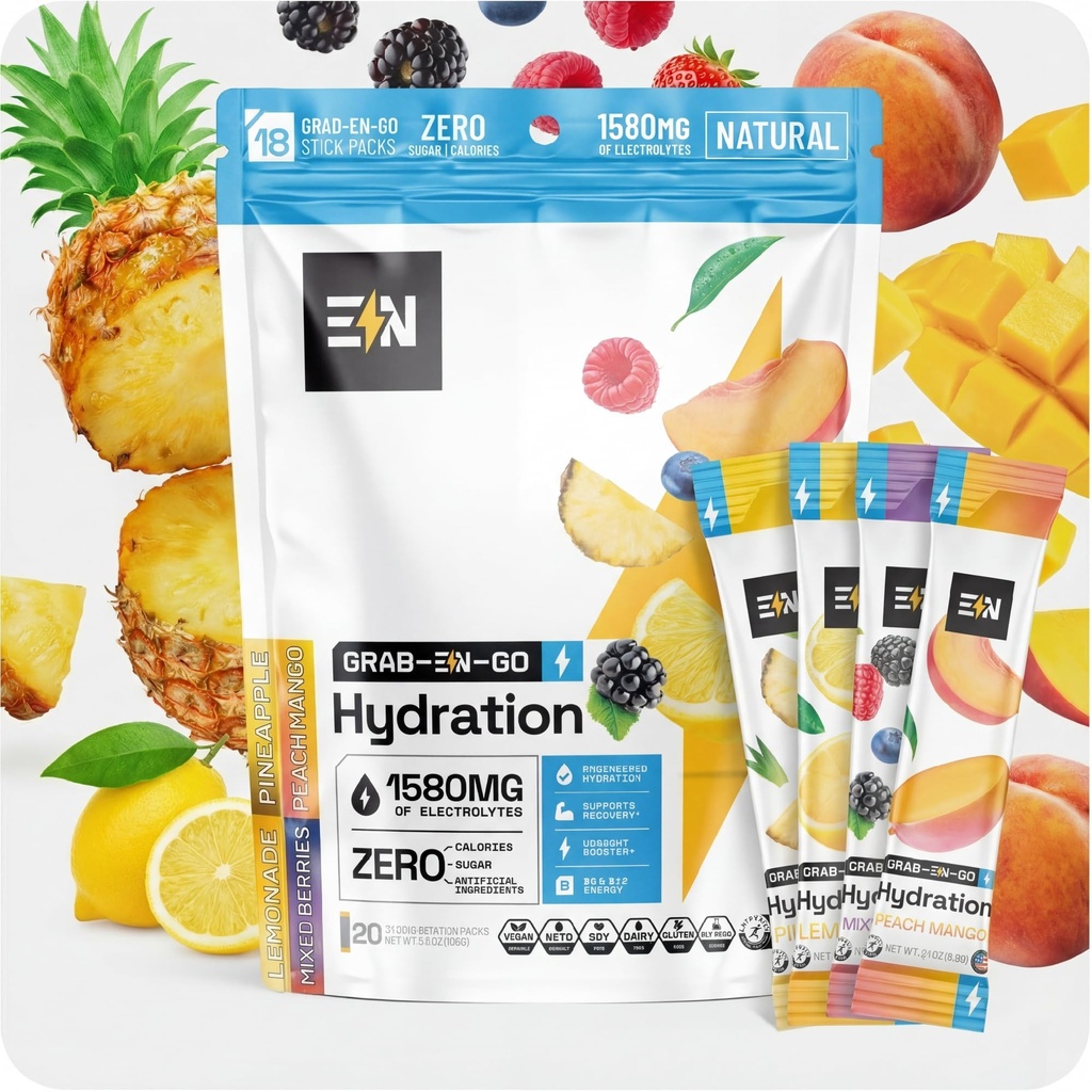 Engineered Nutrition Sugar-Free Electrolyte Powder Packets - Variety Pack - Keto Hydration Packets with Magnesium, Potassium & Sodium - Zero Calorie, Vegan, Non-GMO, Gluten-Free - 20 Single Servings