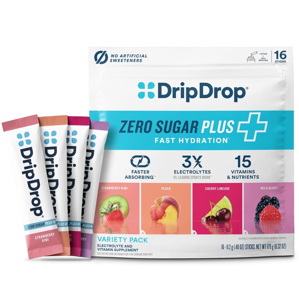 DripDrop Zero Sugar Plus - Sugar Free Hydration Packets - Single Serve Electrolytes Powder Drink Mix - Strawberry Kiwi, Peach, Cherry Limeade, Wild Berry - Non-GMO, Vegan - 16 Sticks