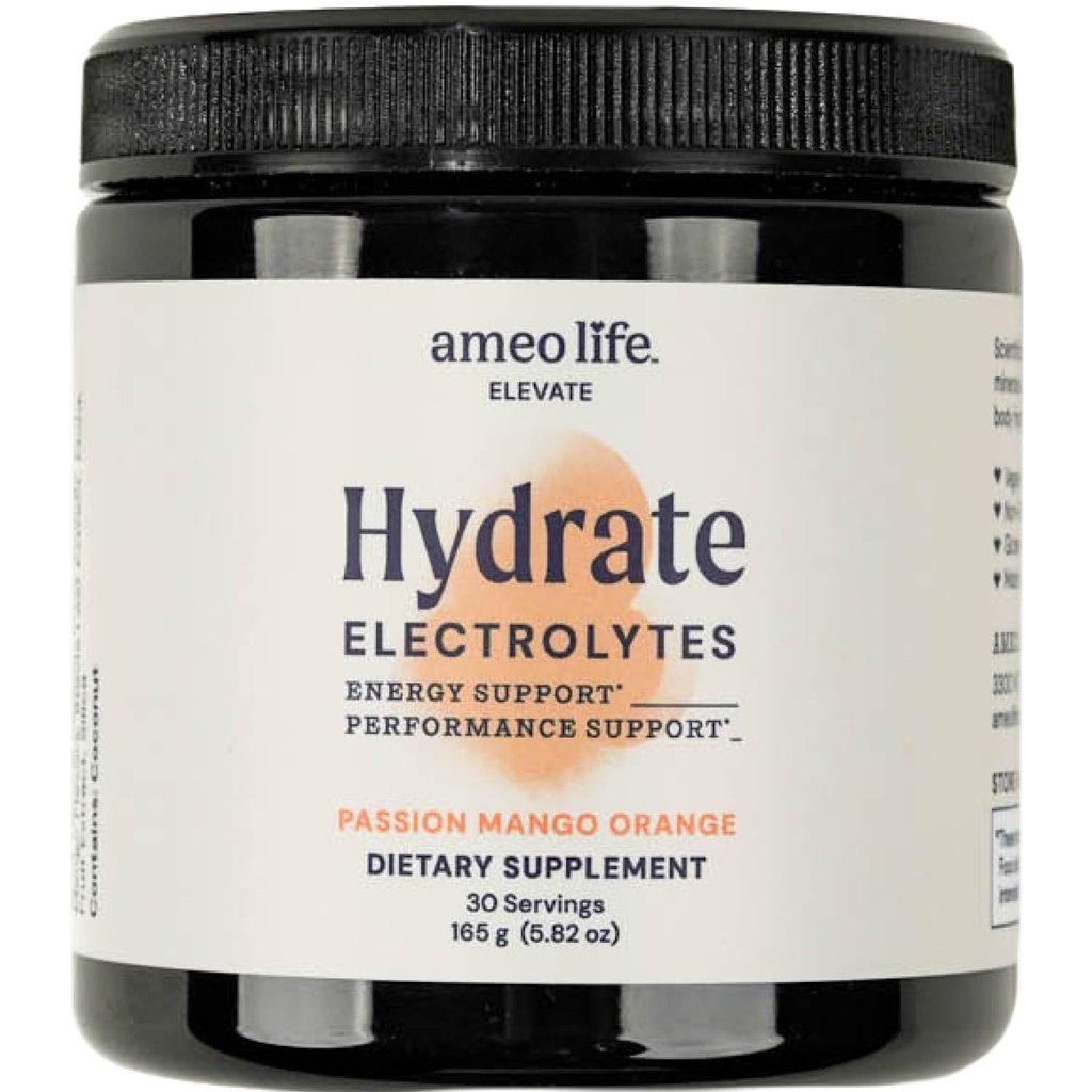 Ameo Life Hydrate Electrolyte Powder – Clean, No Sugar, Mineral-Rich Hydration Blend for Energy, Performance & Recovery - 30-Servings Passion Mango Orange