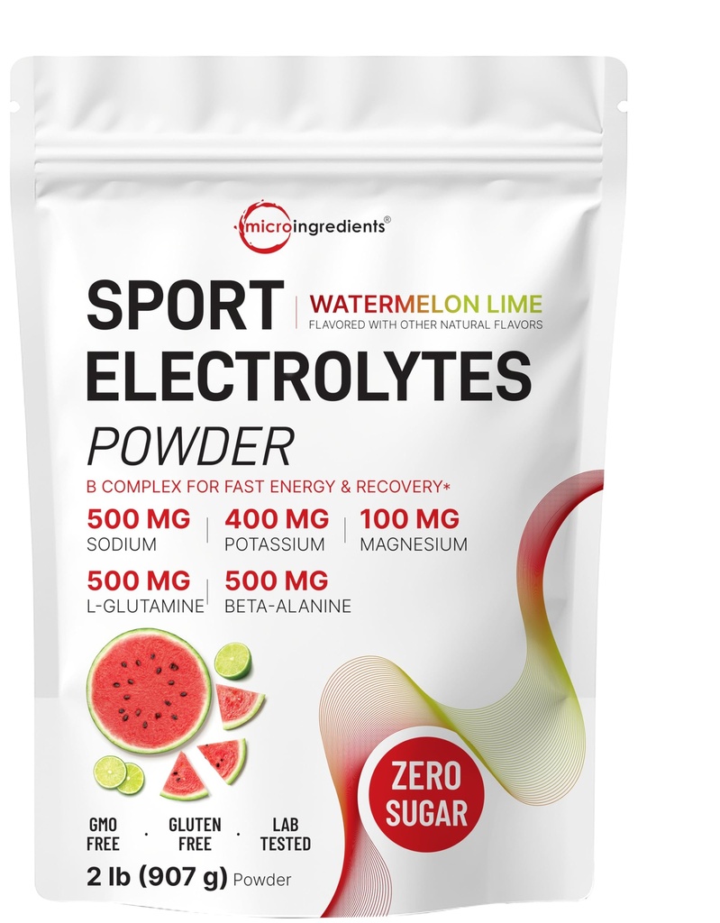 Micro Ingredients Electrolytes Powder, 2 lbs | 90 Servings | Sugar Free Workout Hydration | Potassium, Sodium, L-Glutamine, Beta-Alanine, & More | Watermelon Lime Flavor | Non-GMO, Gluten Free