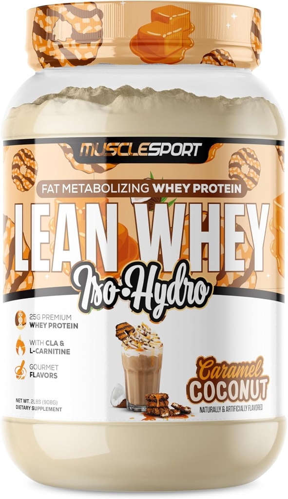 Musclesport Lean Whey Revolution ™ Protein Powder - Whey Protein Isolate - Low Calorie, Low Carb, Low Fat, Incredible Flavors - 25g Protein per Scoop (2LB, kokos Caramel)