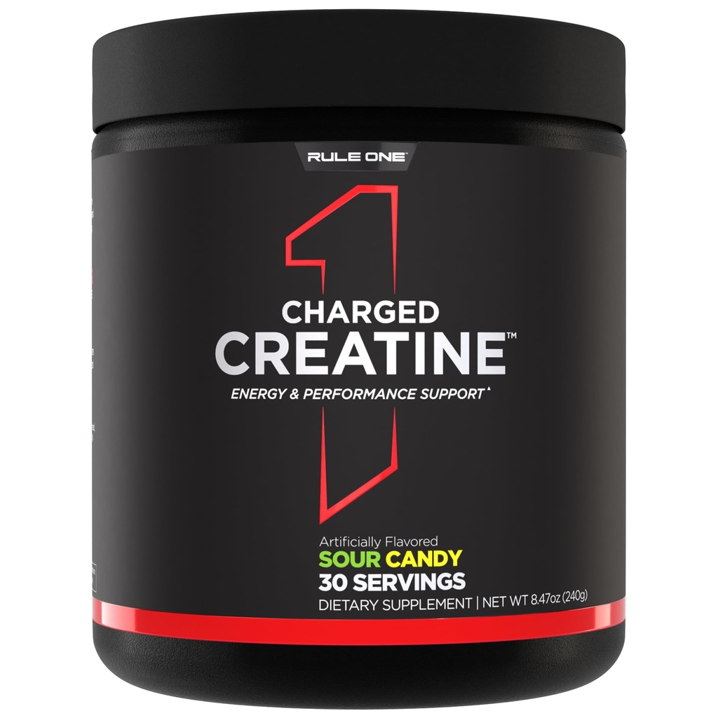 Rule 1 Proteins Charged Creatine - Multi-Function Workout Supplement with Creatine, Electrolyte, and Energy Blends for Intensity, Performance, & Hydration Support (30 Servings, Sour Candy)