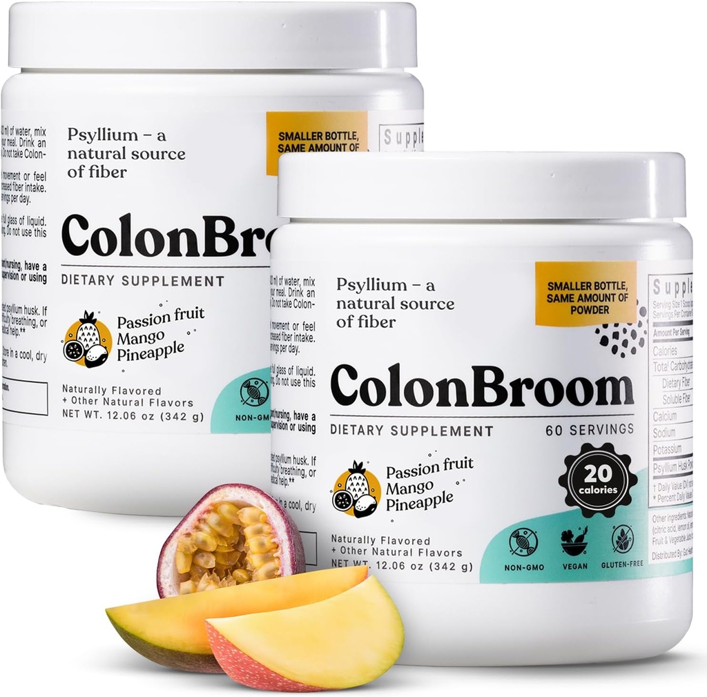 ColonBroom Psyllium Husk Powder (Tropical Fruits, 120 Servere) - Colon Cleanse for Bloating Relief & Gut Health - Colon Broom Fiber Powder Drikke - Vegan, Gluten Free Fiber Powder Supplement