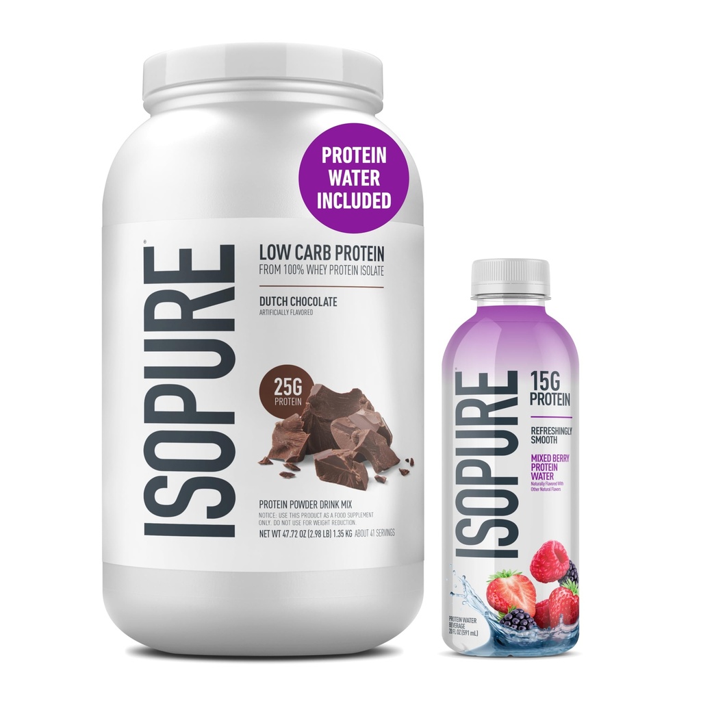 Isopure Low Carb 100% Pure Whey Isolate Dutch Chocolate Protein Powder 3 Lbs + 1 Bottle of Clear Protein Water with Electrolytes, 15g Whey Protein Isolate, Zero Sugar, Mixed Berry, 20 fl oz Bottle