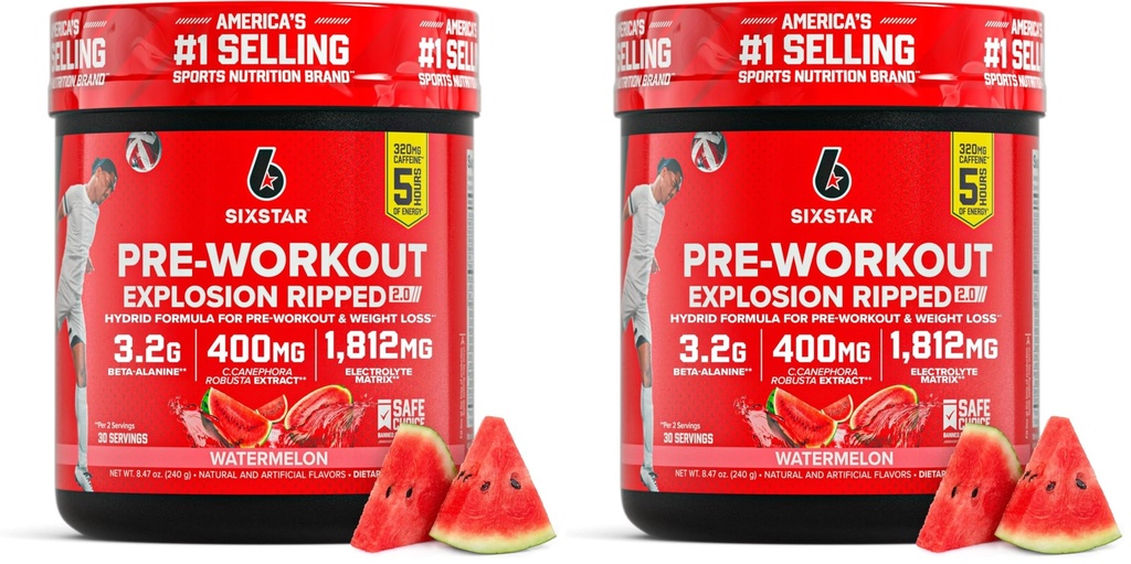 Six Star Pre- Workout Explosion, Watermelon (30 Servere) -Preworkout Energy Powder supplement til mænd & Women- Pre Workout Drink Mix med Creatin & Beta Alanine- Sports Nutrition Products, (Pack of 2)