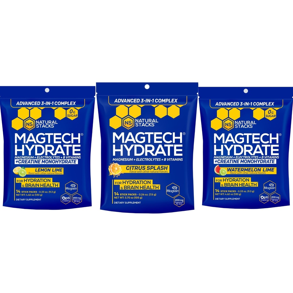 Natural Stacks Magtech Magnesium Hydrate Bundle - Magnesium & Creatine Hydration Powder - Supports Brain Health & Hydration - 3 Pack (42 Total Servings)