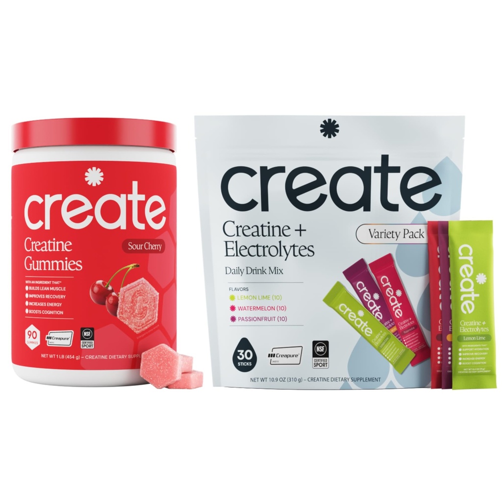 Create Creatine Gummies & Creatine + Electrolytes Bundle - Creatine Monohydrate, NSF Certified for Sport, 90ct Sour Cherry Gummies + 30ct Variety Stick Packs