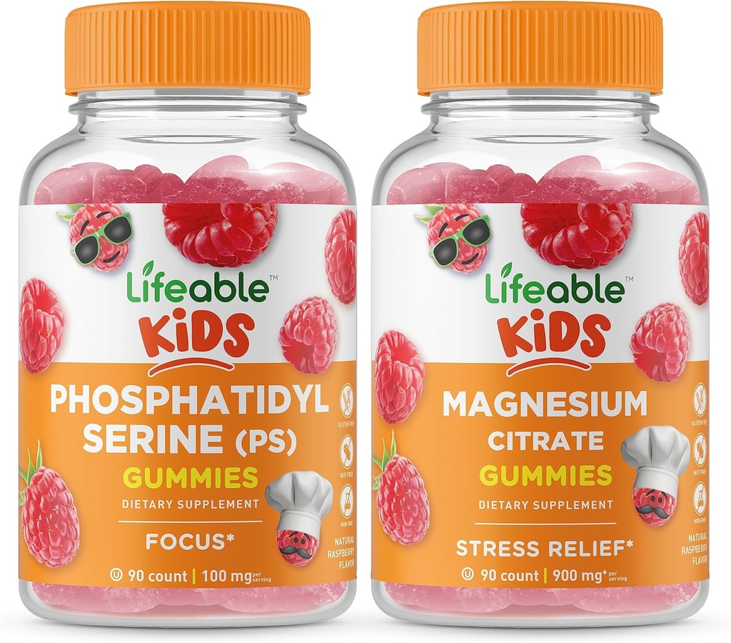 Lifeable Phosphatidylserin (PS) Kids + Magnesium Kids, Gummies Bundle - Great Tasting, Vitamin Supplement, Gluten Free, GMO Free, Chewable Gummy