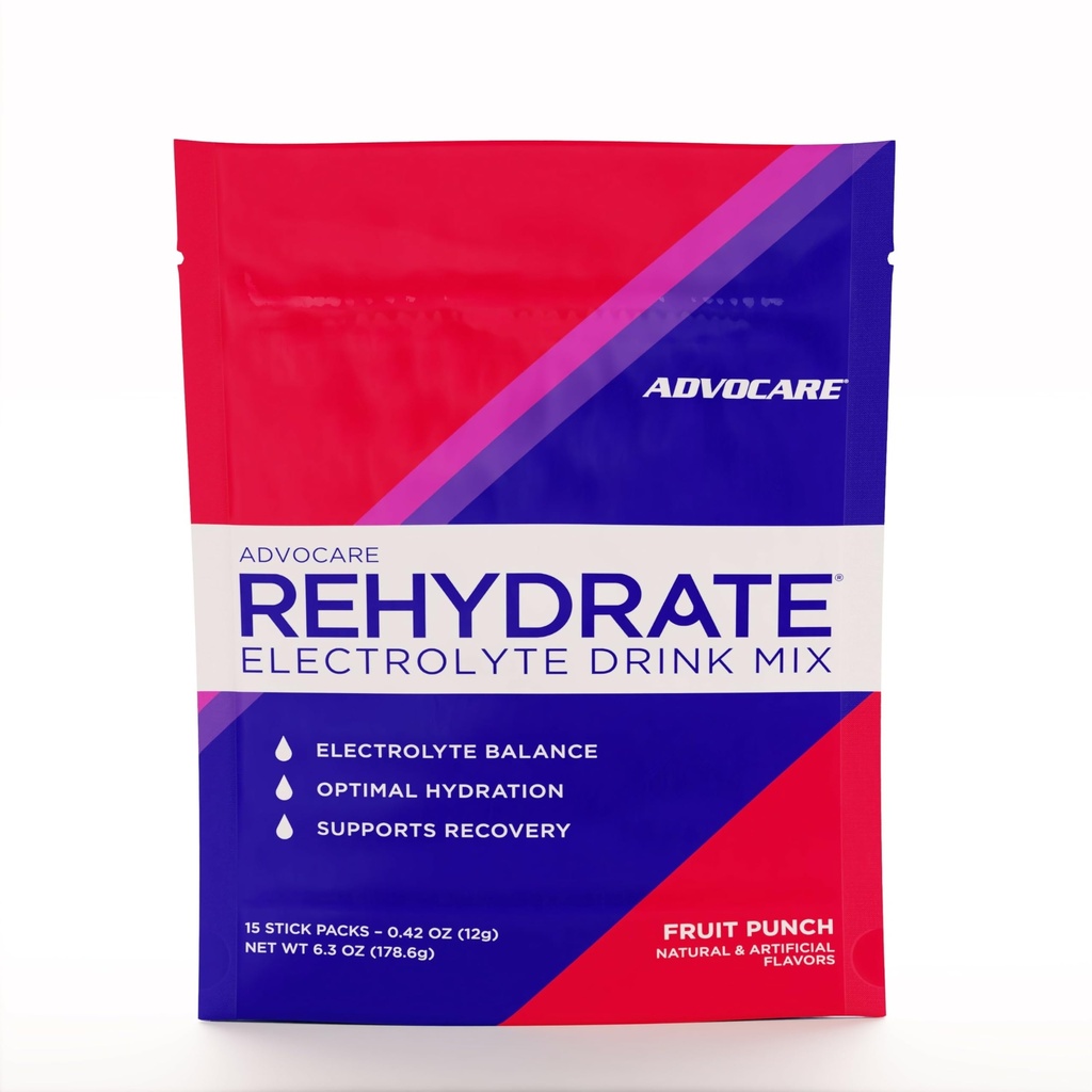 AdvoCare Rehydrate - Electrolyte Drink Mix - Includes Magnesium, Sodium, Potassium & Calcium - Antioxidant & Amino Acid Fortified - Hydration & Recovery - Fruit Punch, 15 Stick Packs (6.3 oz)