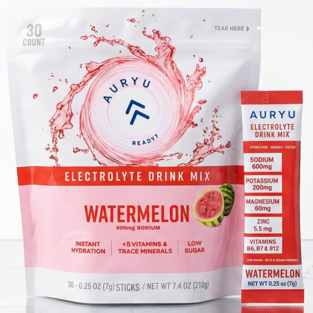 Electrolyte Drink Mix – Watermelon Flavor, 30 Stick Packs, B Vitamins & Essential Minerals, Low Sugar Hydration Powder for Sports, Travel & Daily Wellness, 7.4oz