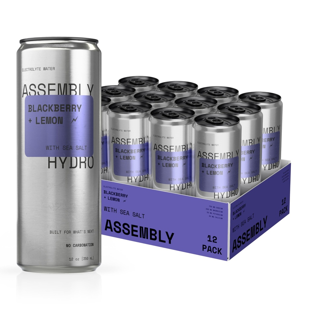 Assembly Hydro Electrolyte Water, BlackBerry Lemon, With Sea Salt, Hydration Drink, Electrolytes, Non-Carbonated Beverage, 12 fl oz (350 mL)