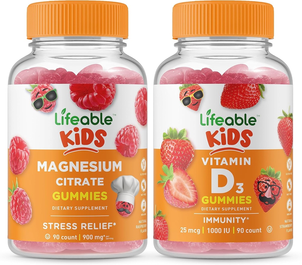 Lifeable Magnesium Kids + D-vitamin Kids, Gummies Bundle - Great Tasting, Vitamin Supplement, Gluten Free, GMO Free, Chewable Gummy