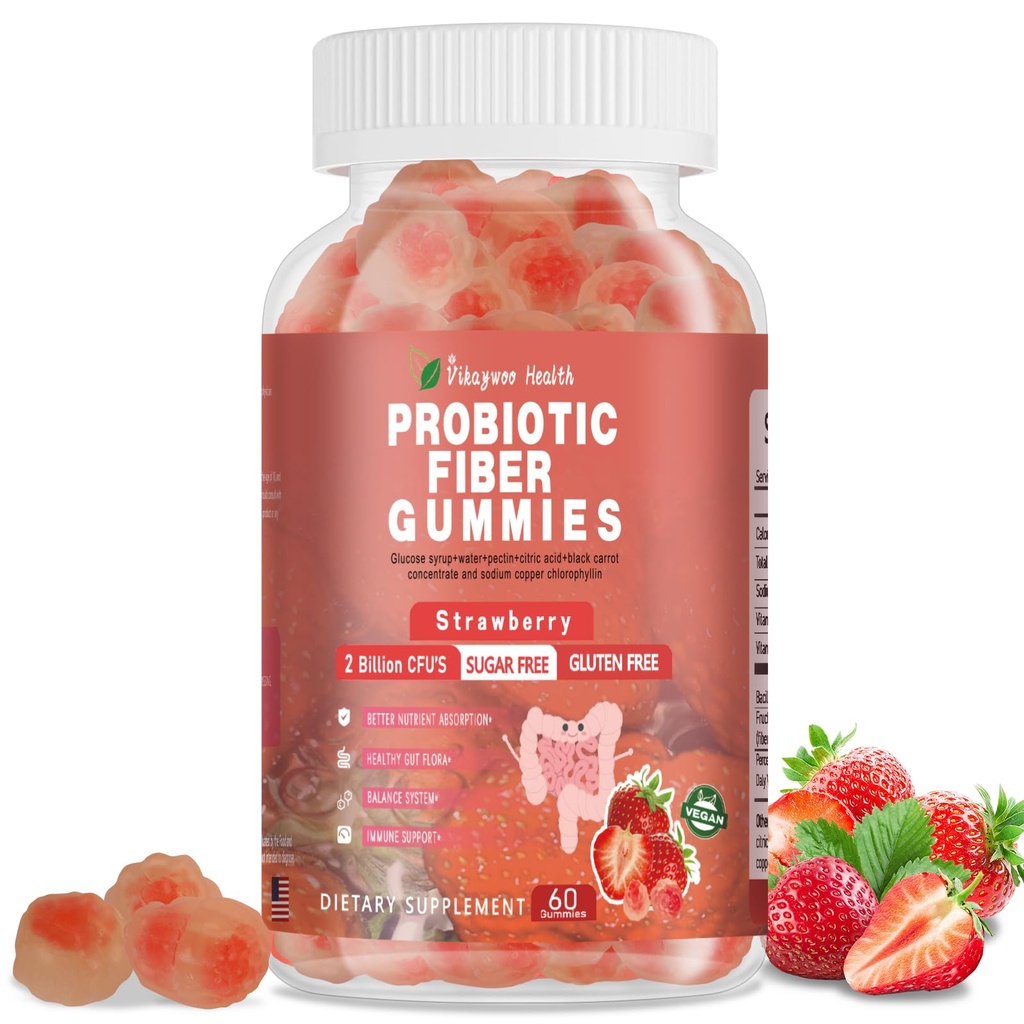 Probiotic Fiber Gummies for Adults, No Sugar Added Strawberry Flavor– 120 Billion CFUs –Vitamin C,Vitamin D–Digestive Health & Regularity Support(60 Count)