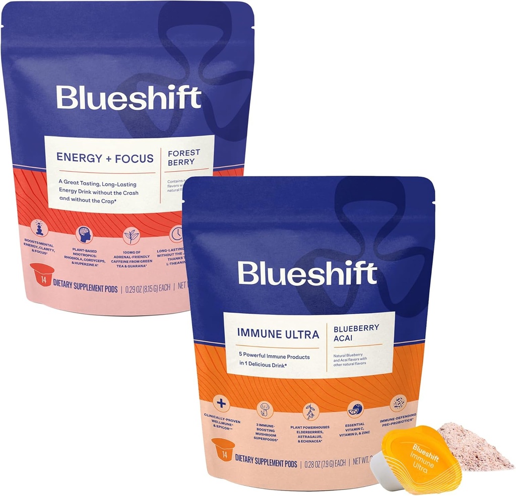 Blueshift Energy + Focus & immun Ultra Bundle - Energy Drink Pods, Immun Support Powder, Drink Mixes for Energy & immun Defense, Vitamin Supplement - Energy + Focus (14 Pack) & immun Ultra (14 Pack)