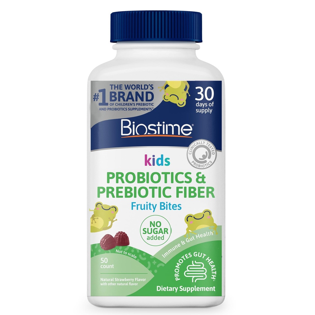 Biostime Kids Prebiotic & Probiotic Gummies (Ages 4+) | Probiotics for Kids | Includes 2 Billion CFU to Support Digestive Health| No added sugar Fruity Bites | Free from Top 9 Allergens |50 Count