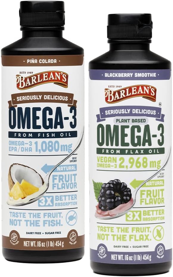 Barlean 's Omega 3 Liquid Supplement Bundle, BlackBerry Smoothie Flax Seed Oil og Piña Colada Fish Oil Kosttilskud sæt, 16 oz