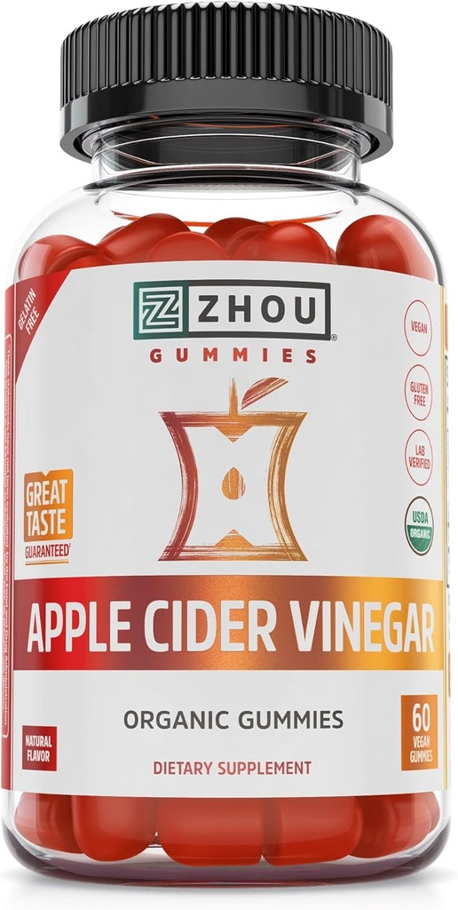 Zhou Apple Cider Vincious Gummies - ACV Gummies for kvinder og mænd med Elderberry, Lækker smag med rå sukkerrørssukker, USDA Organic - 60 Vegansk Gummies