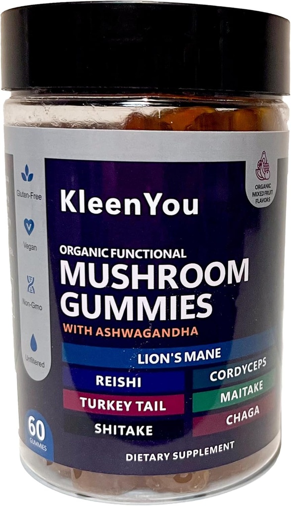 Lion 's Mane & Ashwagandha Supplement Gummies - Omfattende Mushroom Supplement til Kognitiv & Immunstøtte, Vegan Blend med Reishi, Cordyceps - Lav Carb, 60 Organic Mushroom Gummies
