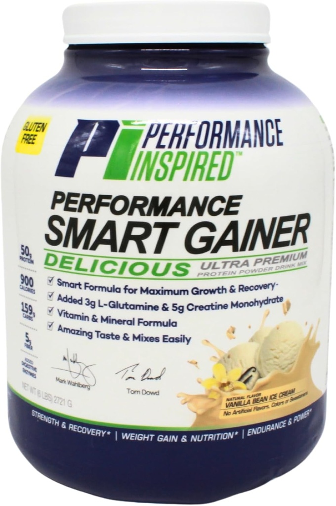 Performance Inspireret Nutrition Smart Mass Gainer - 50G Protein, 900 kalorier, Creatin, L- Glutamin & fordøjelsesenzymer - Muskelvækst & Inddrivelse - Vanilla Bean Ice Cream - 6 LB