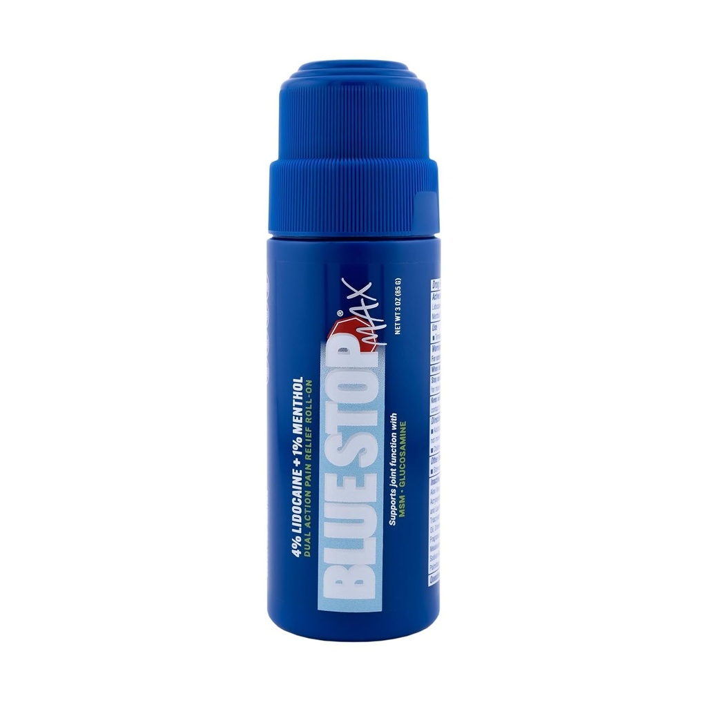 Blue Stop Max Lidocaine Roll On Maximum Strength- 4% Lidocaine with 1% Menthol for Knee, Neck, & Lower Back, Nerve Discomfort - MSM, Glucosamine Formula for Joint Health