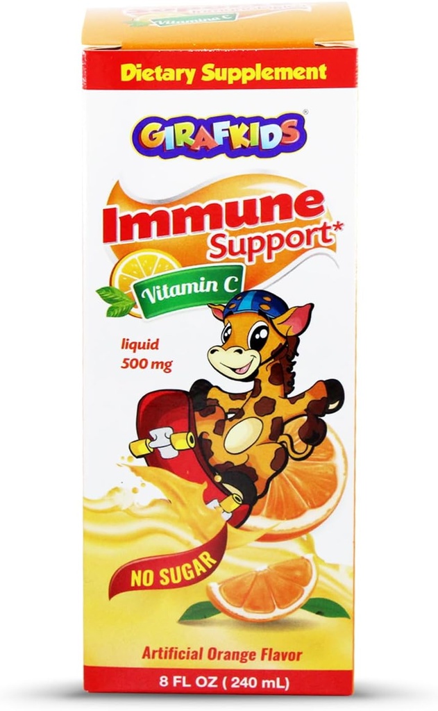 GirafKids flydende C-vitamin til børn i alderen 4 + 1 124; 8 Fl Oz, 500mg 1 124; No- Sugar Formel med Safe, Premium Ingredients 1 124; Lækker Orange Flavor 1 124; Immunforsvar & Energy Boost