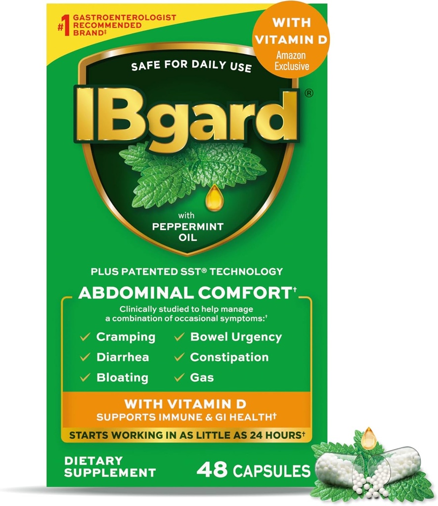 IBgard med D-vitamin, pebermynte oliekapsler, understøtter immunforsvar og GI sundhed, 48 kapsler (eksklusive)