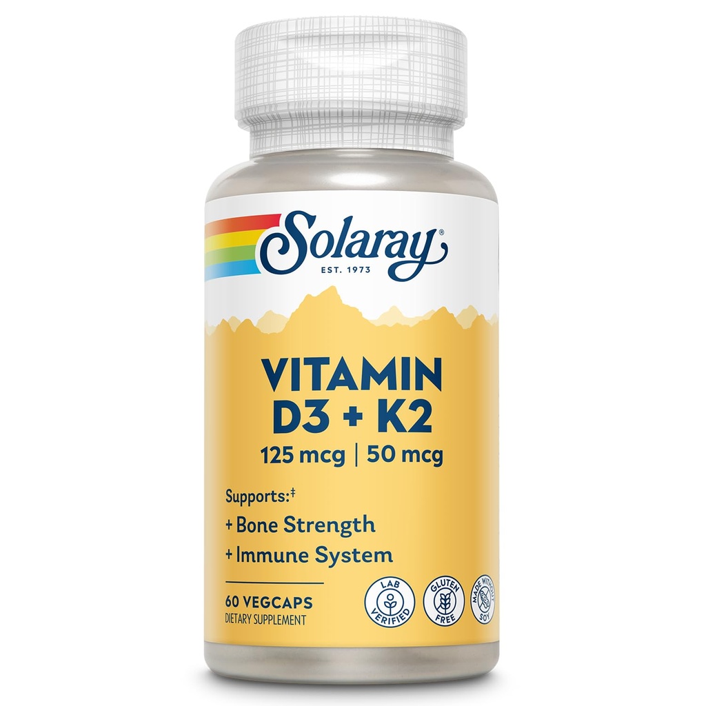 SOLARAY vitamin D3 K2 - ben sundhed og immunforsvar supplement - med 5000 IE vitamin D som VIT D3 og 50 mcg vitamin K2 som Menoquinone MK7, Lavet uden soja, 60- dag garanti, 60 Serv, 60 VegCaps