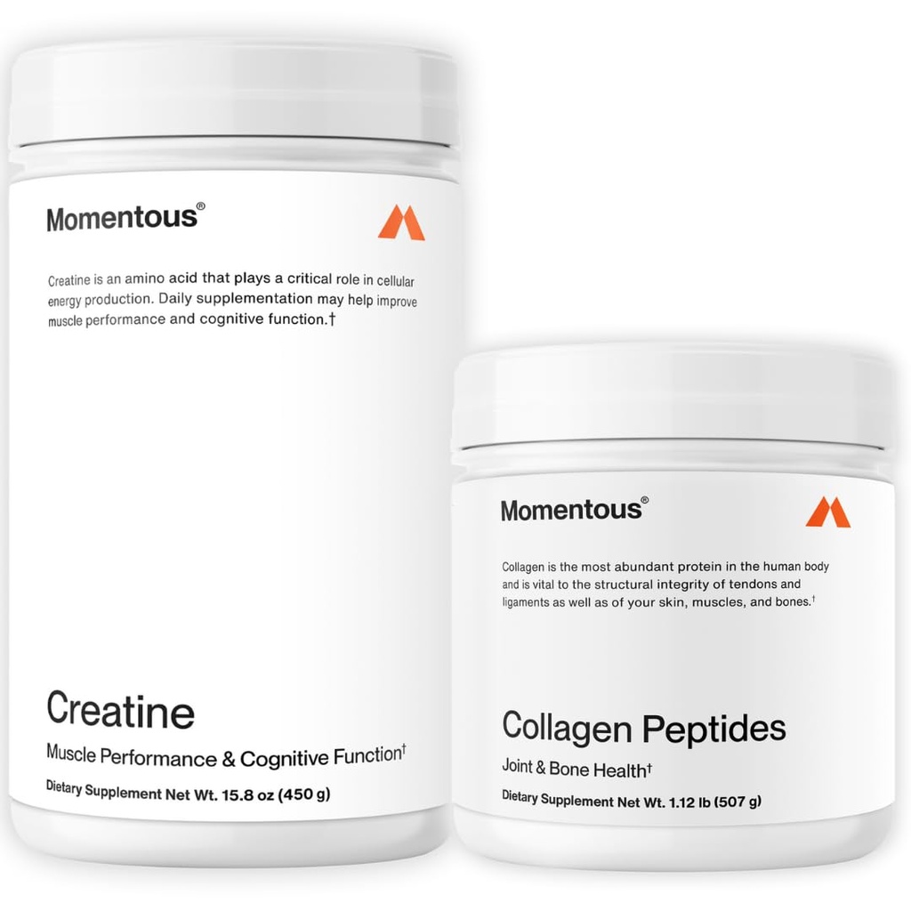 Momentous Creatin Monohydrat Powder & Grass- Fed Collagen Peptider Powder Stack - Understøtter Styrke, Lean Muscle, & Inddrivelse - FORTIGEL & C-vitamin for hår, hud, negle, & fælles sundhedsstøtte