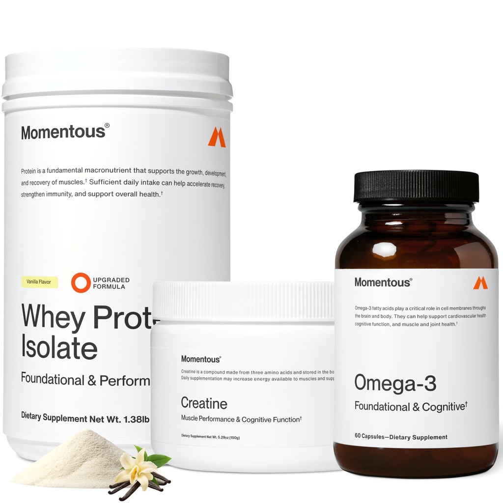 Momentous Three - Creatin monohydrat pulver (30 Servere), Grass- Fed Whey Protein Powder (Vanilla) & Omega-3 Fish Oil 1600mg - Daily Essentials for Strength, Performance & Lean Muscle Recovery