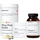 Momentous Three - Creatin monohydrat pulver (30 Servere), Grass- Fed Whey Protein Powder (Vanilla) & Omega-3 Fish Oil 1600mg - Daily Essentials for Strength, Performance & Lean Muscle Recovery