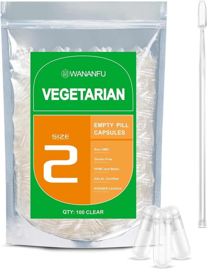 wananfu Size 2 Empty Capsules Vegetarian (100 Count) Bundle with 2 Micro Lab Spoons, Clear Fillable Veggie Pill Capsules Size 2 for Making Your Own Supplements
