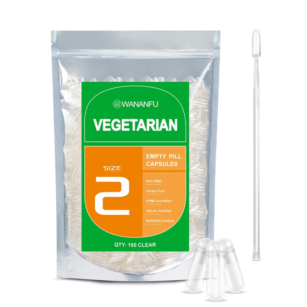 wananfu størrelse 2 Tomme kapsler Vegetarisk (100 Greve) Bundle med 2 Micro Lab skeer, Clear Fillable Veggie piller kapsler størrelse 2 til at lave dine egne kosttilskud