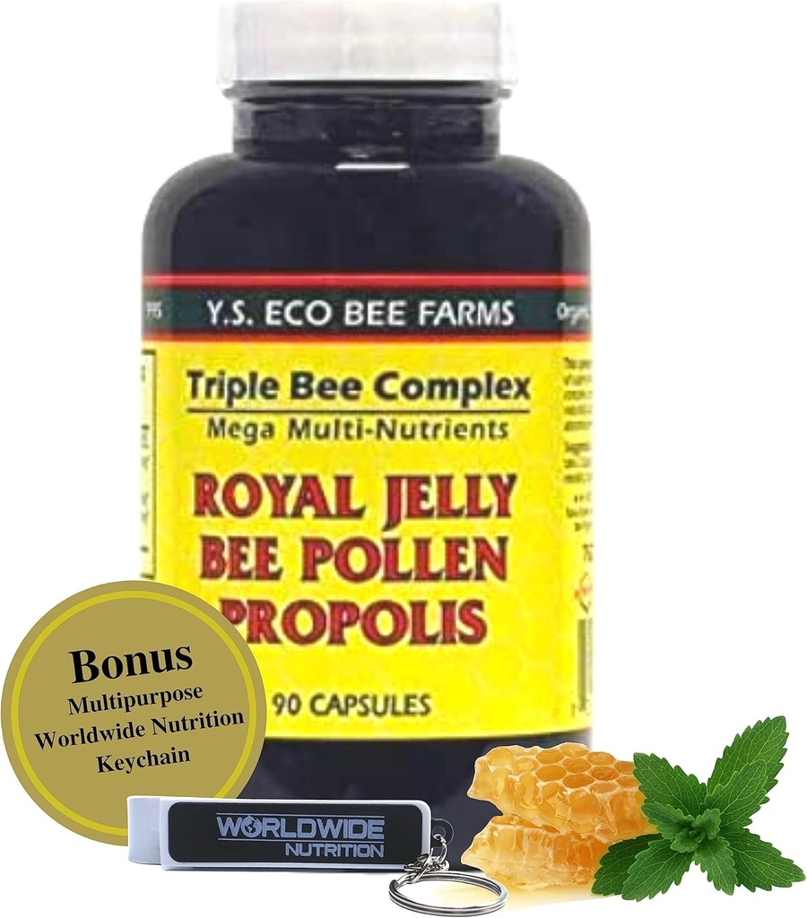 YS Organics Triple Bee Complex, Royal Jelly, Bee Pollen, Propolis - The Power of Nature Pakket i 90 kapsler med Bonus worldwidenutrition Multi Formål Key Chain