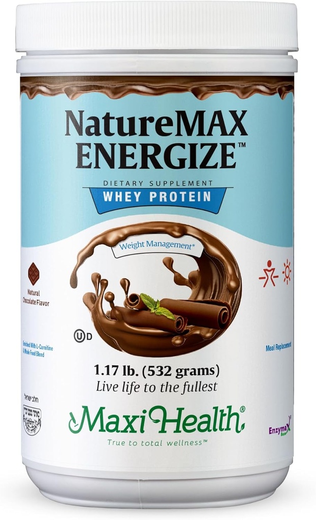 NatureMax EnergizeTM Whey Protein Powder- Energy Support Meal Erstatning - 20g Protein Per Serving - Natural Chocolate Flavor - Kosher Dairy Vitamin - 1.17lb