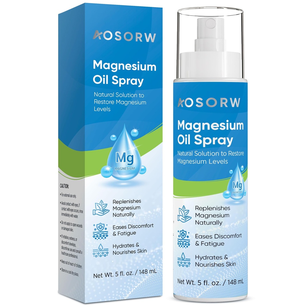 AOSORW Pure Magnesium Oil Spray - Organic Natural Topical Magnesium for Nighttime Comfort Sleep - Non-Greasy for Feet, Hands and Body - 4.8 Fl Oz