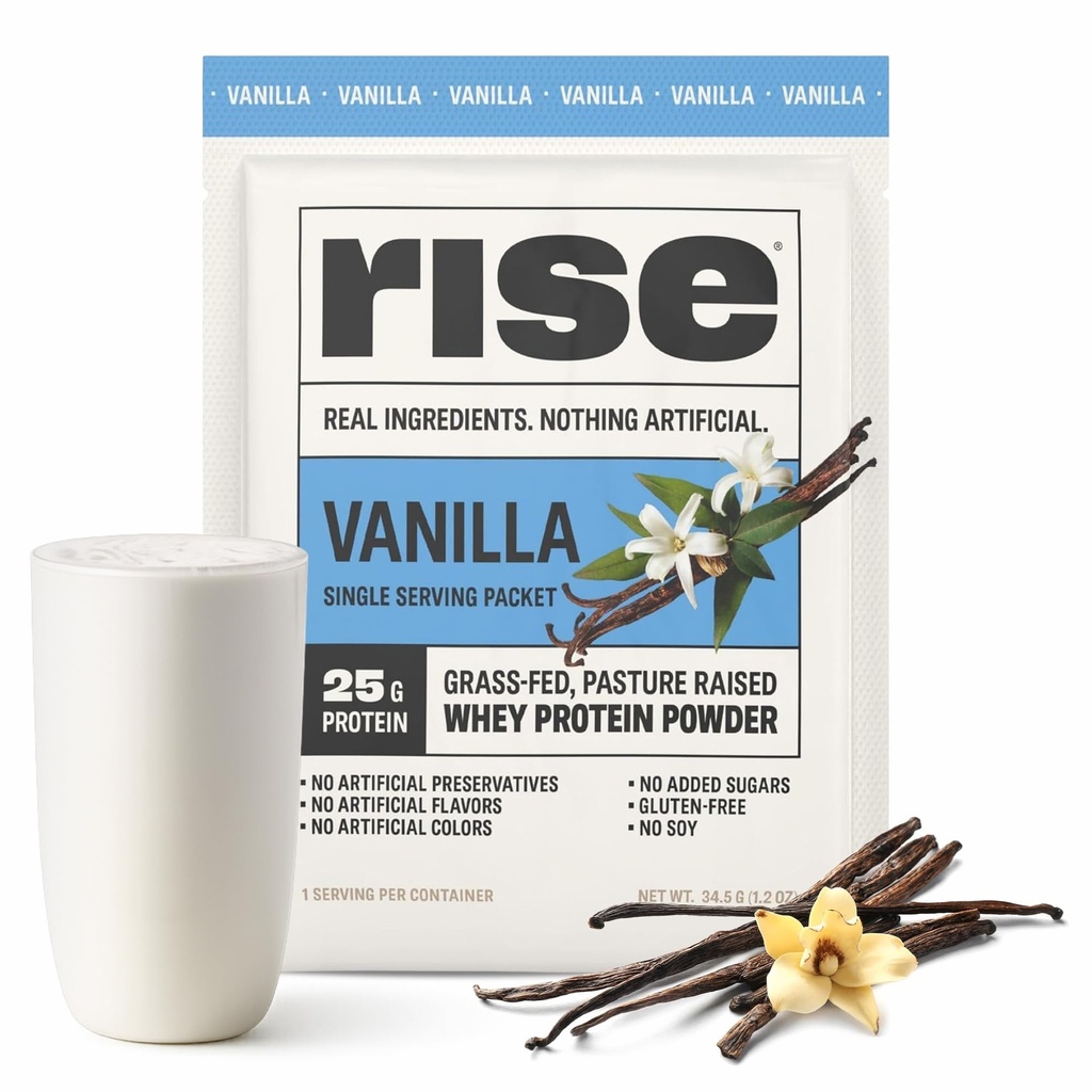 Rise Grass- Fed Whey Protein Powder - Vanilla ttesmå 124; 25g Protein Ingen kunstige Artificielle Artikker, Farver, eller Konserveringsmidler - Sugar Free, Gluten- Free, Soy Free (Single Serving, 1 Pack)
