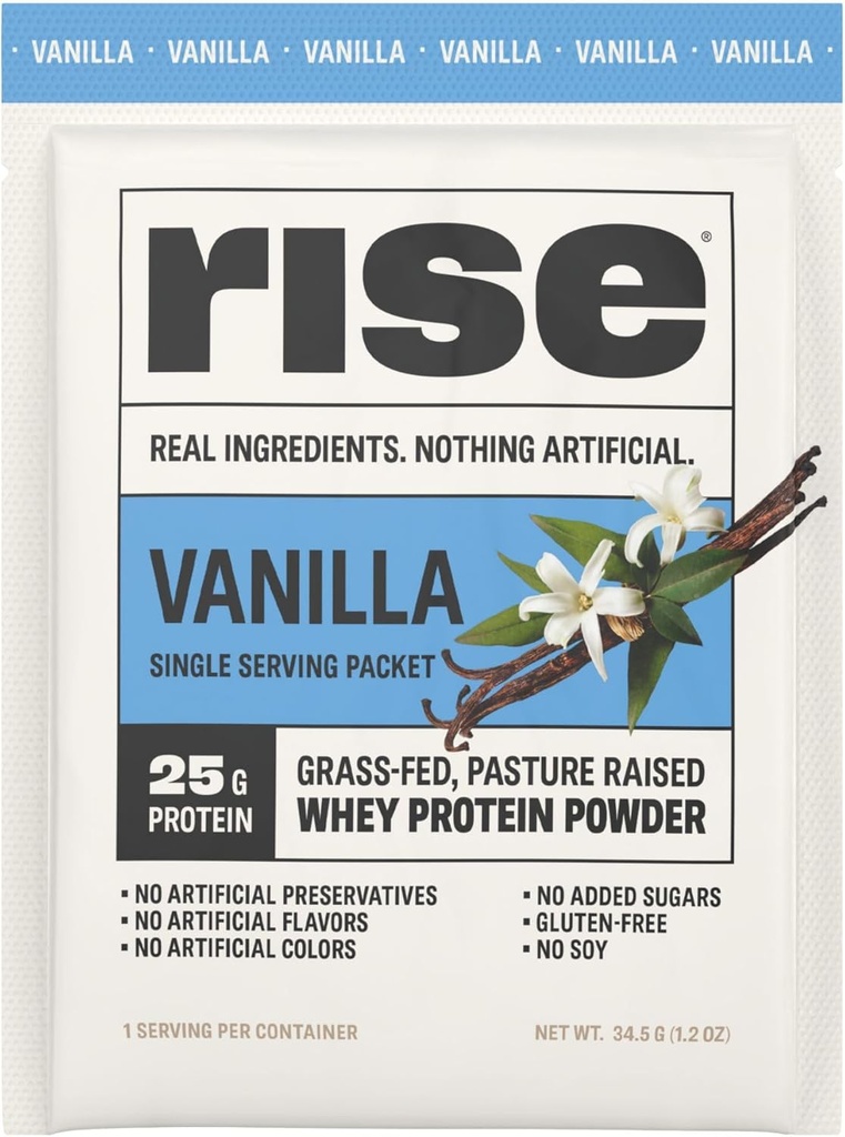 Rise Grass- Fed Whey Protein Powder - Vanilla ttesmå 124; 25g Protein Ingen kunstige Artificielle Artikker, Farver, eller Konserveringsmidler - Sugar Free, Gluten- Free, Soy Free (Single Serving, 1 Pack)